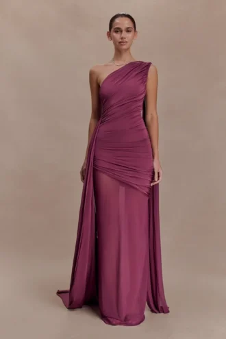 Asher Slinky One Shoulder Maxi Dress – Neutral Plum