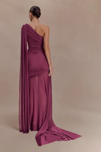 Asher Slinky One Shoulder Maxi Dress – Neutral Plum