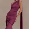 Asher Slinky One Shoulder Maxi Dress – Neutral Plum