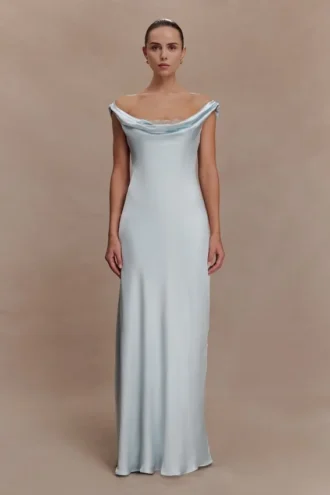 Ashley Cowl Neck Lace And Satin Maxi Dress – Ice Blue