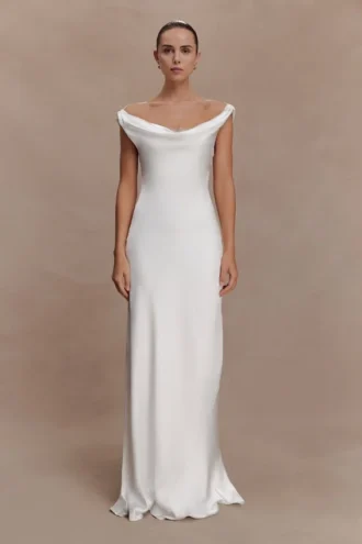 Ashley Cowl Neck Lace And Satin Maxi Dress – Ivory