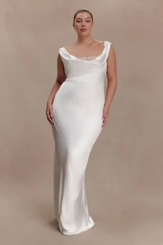 Ashley Cowl Neck Lace And Satin Maxi Dress – Ivory