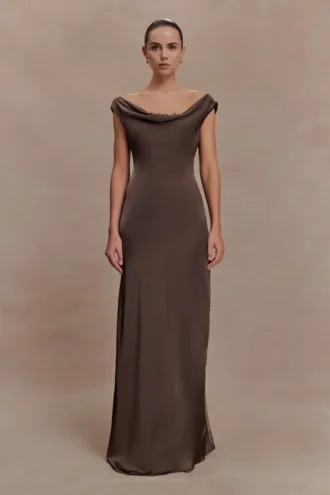 Ashley Cowl Neck Lace And Satin Maxi Dress – Mocha