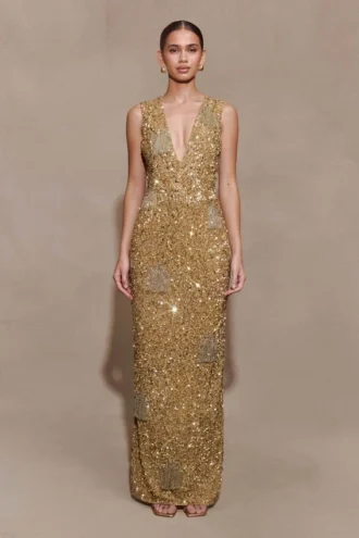 Astor Hand Embellished Maxi Dress – Gold