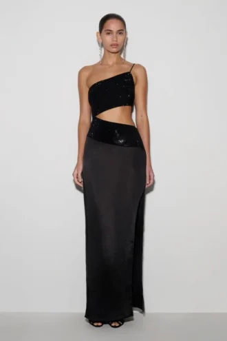 Athena One Shoulder Diamante Maxi Dress – Black