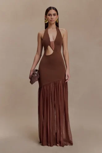 Aubree Crepe And Mesh Maxi Dress – Chocolate/Mocha