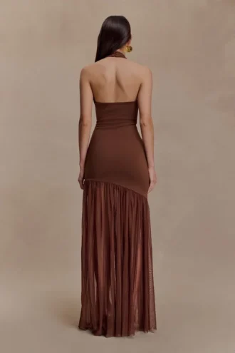 Aubree Crepe And Mesh Maxi Dress – Chocolate/Mocha