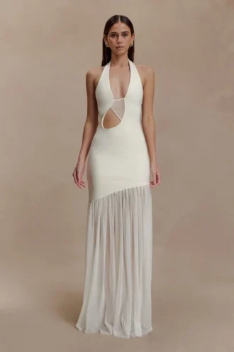 Aubree Crepe And Mesh Maxi Dress – Ivory
