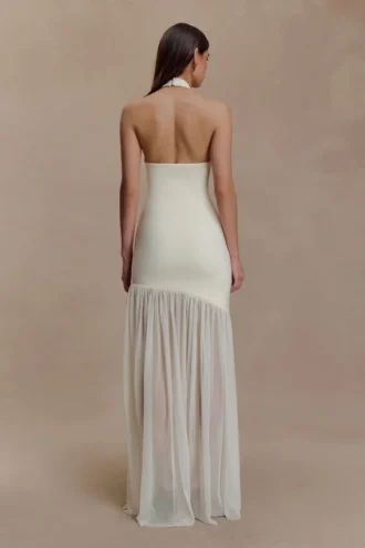 Aubree Crepe And Mesh Maxi Dress – Ivory