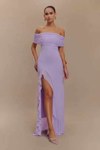 Audrey Off Shoulder Mesh Maxi Dress – Lilac