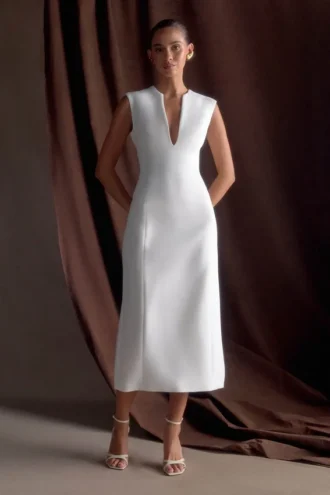 Audrine Suiting Sleeveless Midi Dress – Ivory