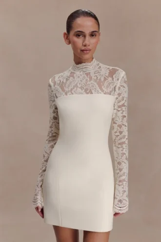 Aurelie Long Sleeve Lace Mini Dress – Ivory