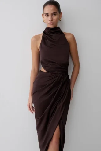 Aveline Draped Halter Midi Dress – Dark Chocolate