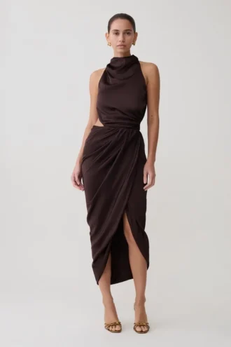 Aveline Draped Halter Midi Dress – Dark Chocolate