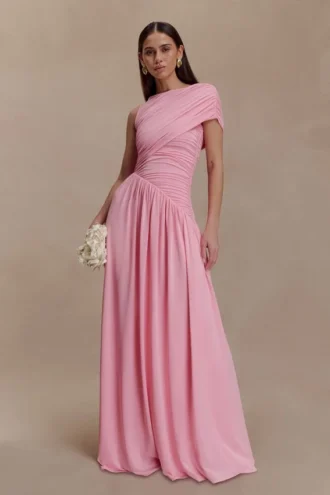 Ayeshya Slinky Asymmetric Maxi Dress – Candy Pink