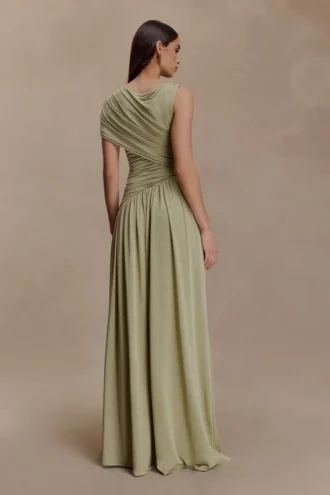 Ayeshya Slinky Asymmetric Maxi Dress – Sage