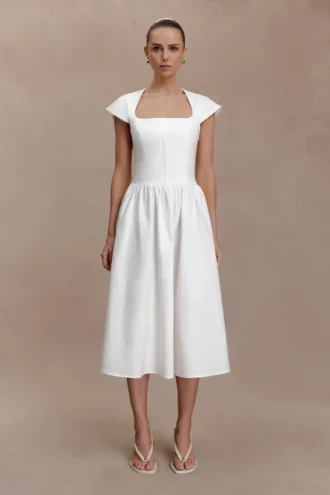 Ayla Cotton Fit And Flare Midi Dress – White