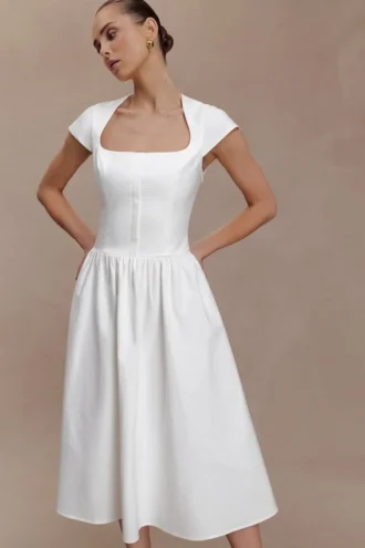 Ayla Cotton Fit And Flare Midi Dress – White