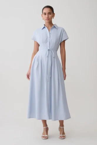 Aysha Buttoned Linen Midi Dress – Cornflower Blue