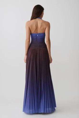 Azizi Pleated Halter Midi Dress – Chocolate & Blue Ombre Print