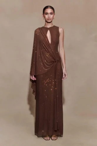 Bakari Diamante Cape Maxi Dress – Chocolate