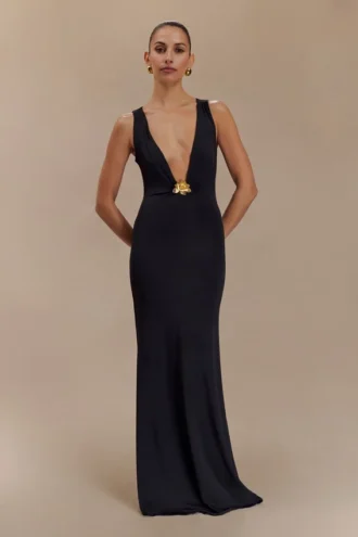 Beck Plunge Maxi Dress With Floral Hardware – Black
