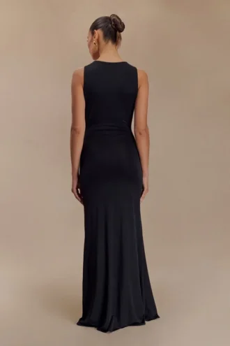 Beck Plunge Maxi Dress With Floral Hardware – Black