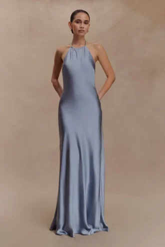 Bella Satin Halter Maxi Dress – Frosted Blue
