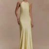 Bella Satin Halter Maxi Dress – Lemon Bella Satin Halter Maxi Dress – Lemon