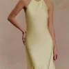 Bella Satin Halter Maxi Dress – Lemon Bella Satin Halter Maxi Dress – Lemon