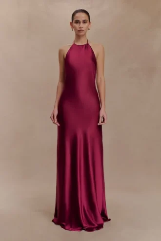 Bella Satin Halter Maxi Dress – Mahogany Bella Satin Halter Maxi Dress – Mahogany