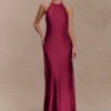 Bella Satin Halter Maxi Dress – Mahogany Bella Satin Halter Maxi Dress – Mahogany