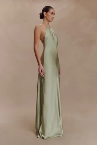 Bella Satin Halter Maxi Dress – Sage Bella Satin Halter Maxi Dress – Sage