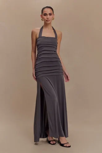 Bentley Peached Jersey Halter Maxi Dress – Charcoal