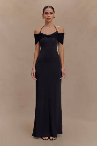 Bernadina Mesh And Slinky Halter Maxi Dress – Black