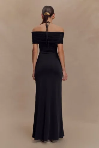 Bernadina Mesh And Slinky Halter Maxi Dress – Black