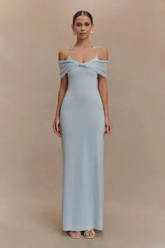Bernadina Mesh And Slinky Halter Maxi Dress – Pale Blue