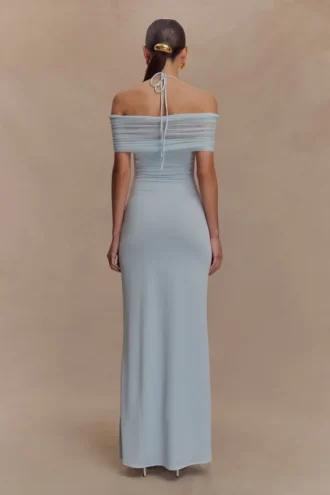 Bernadina Mesh And Slinky Halter Maxi Dress – Pale Blue