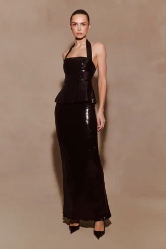 Bertie Sequin Peplum Halter Maxi Dress – Black