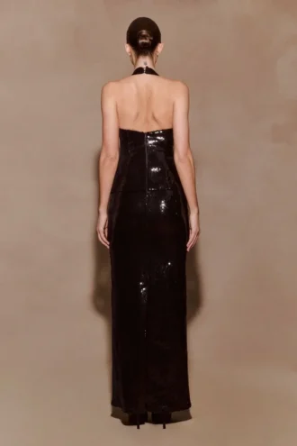 Bertie Sequin Peplum Halter Maxi Dress – Black