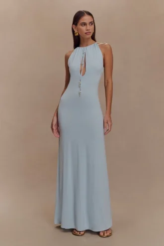 Beryl Slinky Maxi Dress With Pearls – Pale Blue