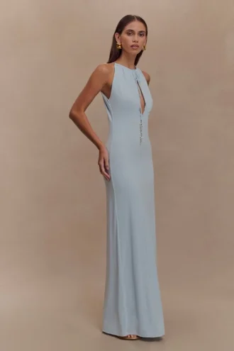 Beryl Slinky Maxi Dress With Pearls – Pale Blue