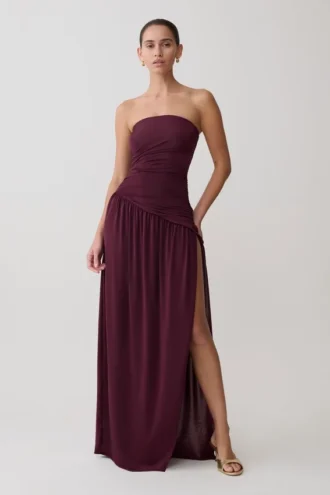 Bex Strapless Slinky Maxi Dress With Split – Burgundy