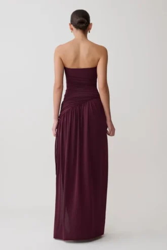 Bex Strapless Slinky Maxi Dress With Split – Burgundy
