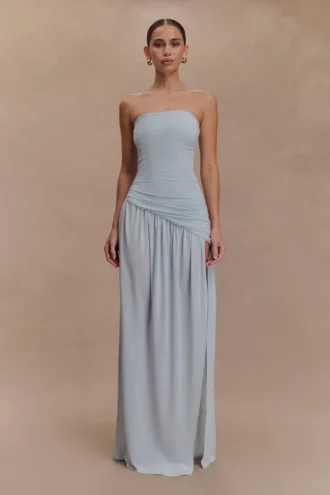 Bex Strapless Slinky Maxi Dress With Split – Pale Blue