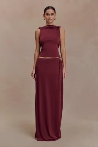 Bridget Slinky Maxi Skirt With Hardware – Burgundy Bridget Slinky Maxi Skirt With Hardware – Burgundy
