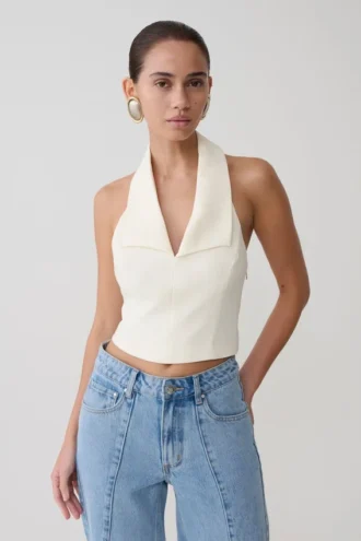 Calla Collared Sleeveless Halter Top – Ivory