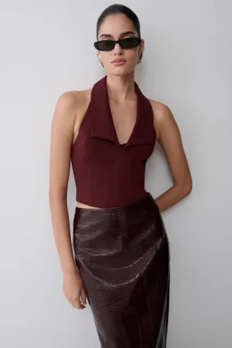 Calla Collared Sleeveless Halter Top – Merlot