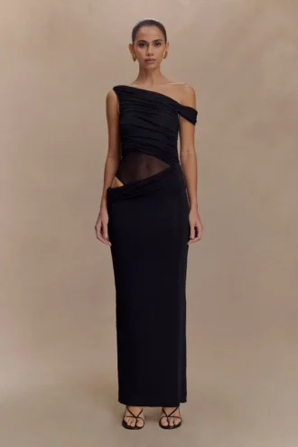 Callen One Shoulder Slinky Maxi Dress – Black