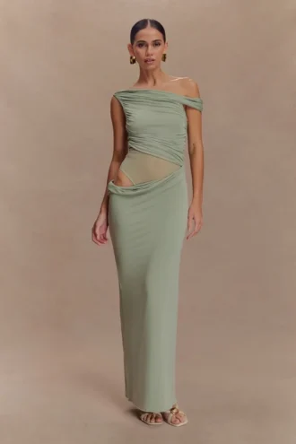 Callen One Shoulder Slinky Maxi Dress – Sage